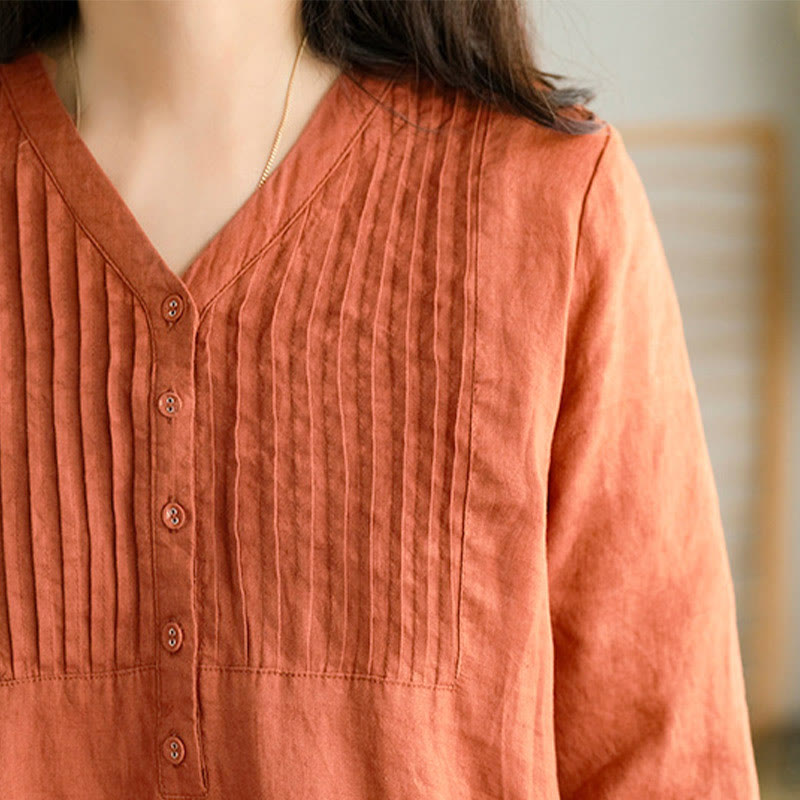 Buddha Stones Casual Plain Accordion Pleats V-neck Half Sleeve Design Midi Dress With Pockets - image 10