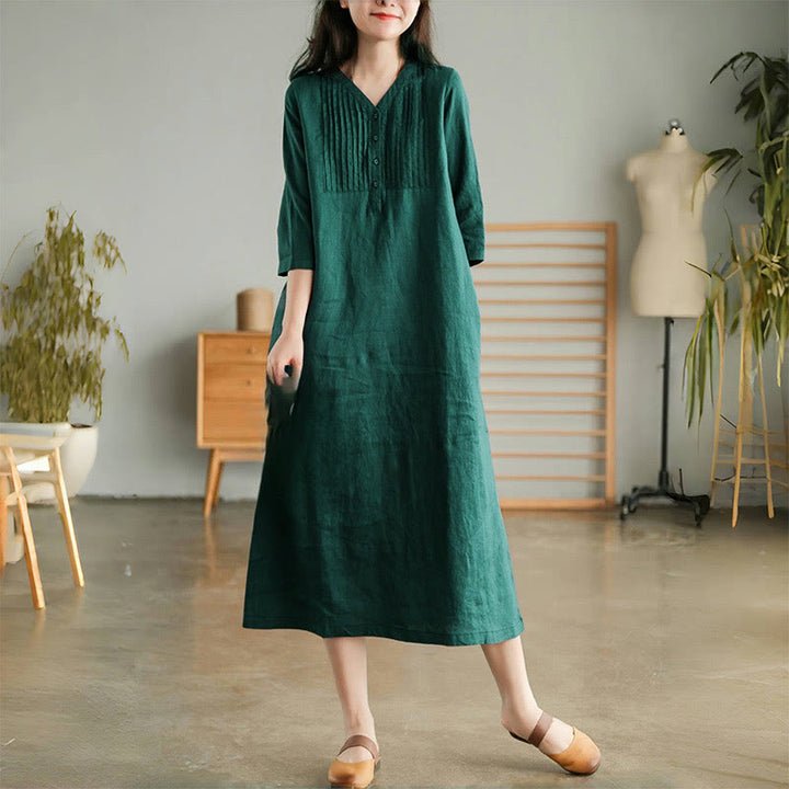 Buddha Stones Casual Plain Accordion Pleats V-neck Half Sleeve Design Midi Dress With Pockets - image 3