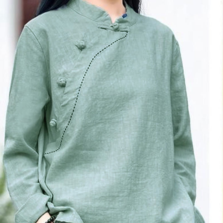 Buddha Stones Oblique Collar Knot button Loose Linen Clothing - image 2