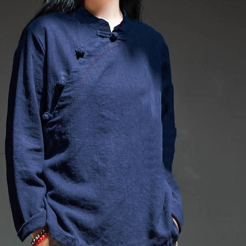 Buddha Stones Oblique Collar Knot button Loose Linen Clothing - image 16