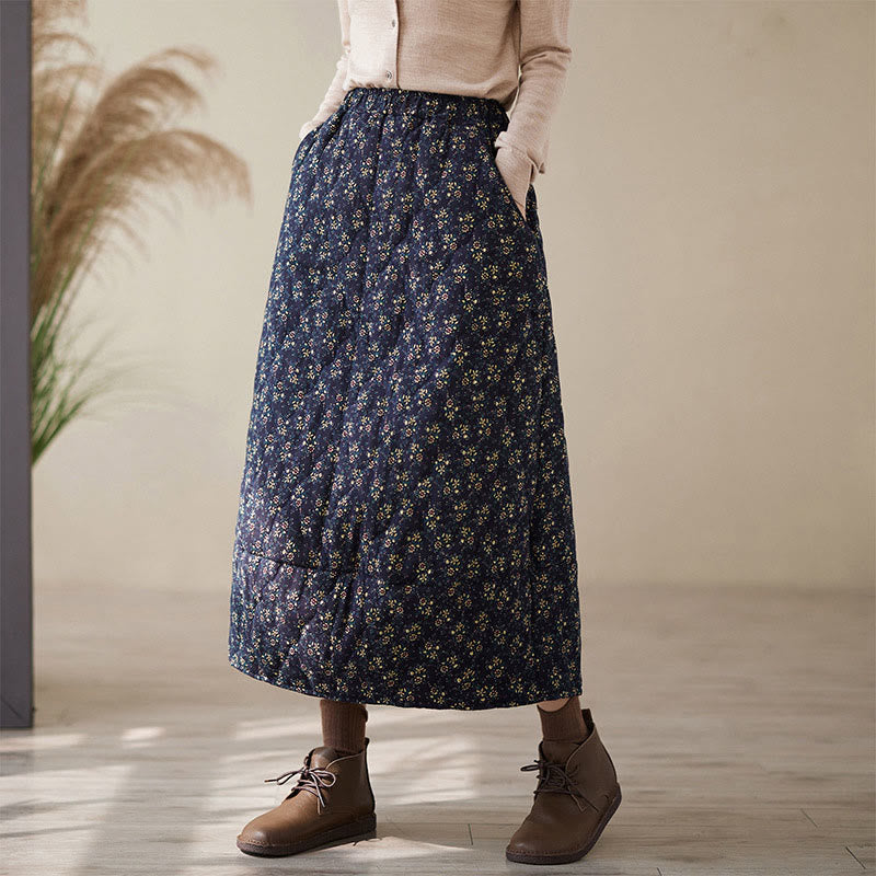 Buddha Stones Vintage Floral Pattern Elastic Waist Cotton Women's Midi Skirt With Pockets - image 3