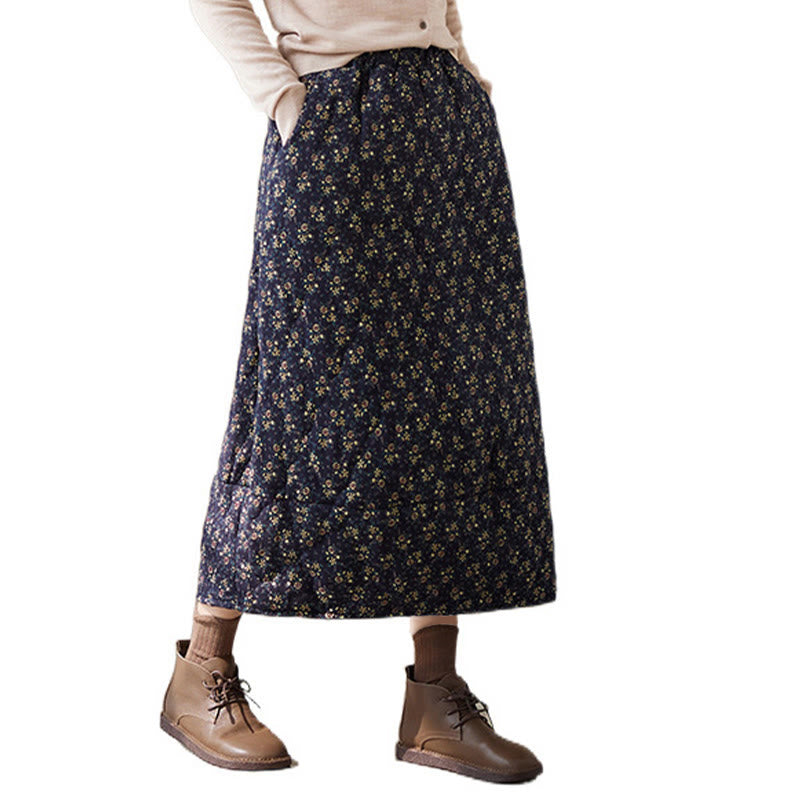 Buddha Stones Vintage Floral Pattern Elastic Waist Cotton Women's Midi Skirt With Pockets - image 4