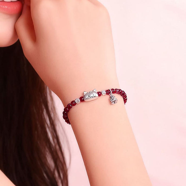 Buddha Stones 999 Sterling Silver Natural Cute Cat Head Garnet Protection Bead Bracelet - image 7