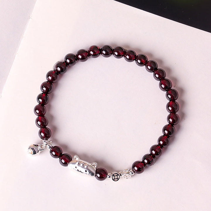 Buddha Stones 999 Sterling Silver Natural Cute Cat Head Garnet Protection Bead Bracelet - image 15