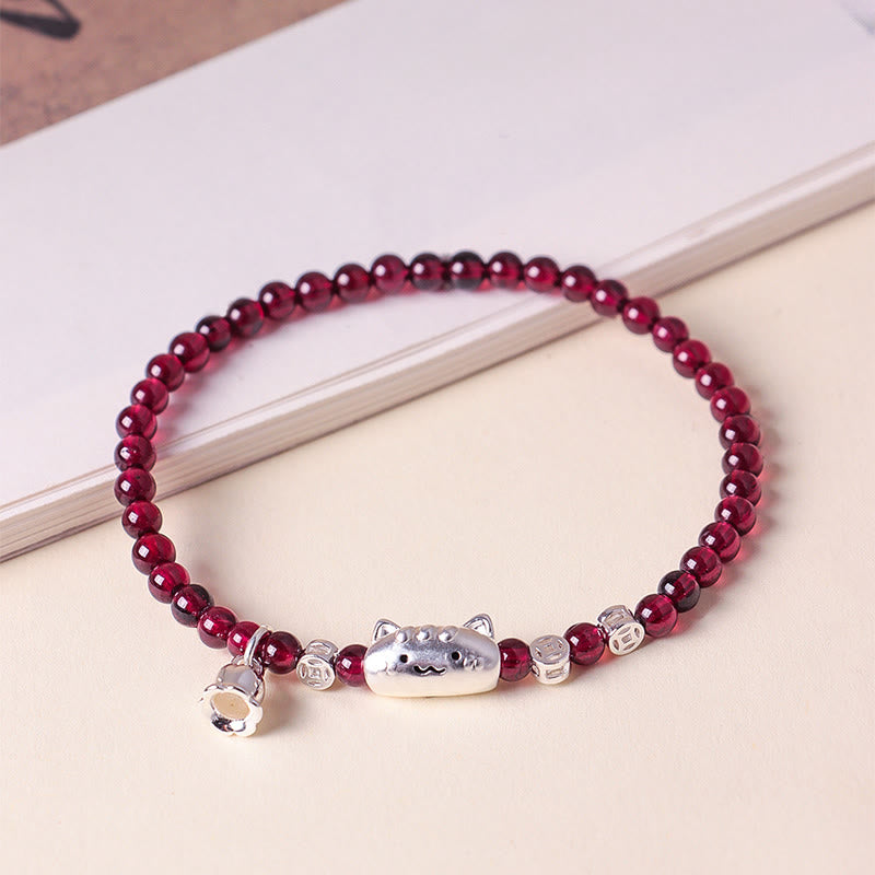 Buddha Stones 999 Sterling Silver Natural Cute Cat Head Garnet Protection Bead Bracelet - image 2