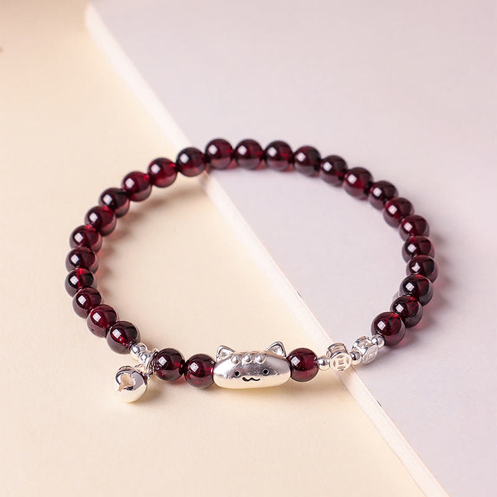 Buddha Stones 999 Sterling Silver Natural Cute Cat Head Garnet Protection Bead Bracelet - image 16