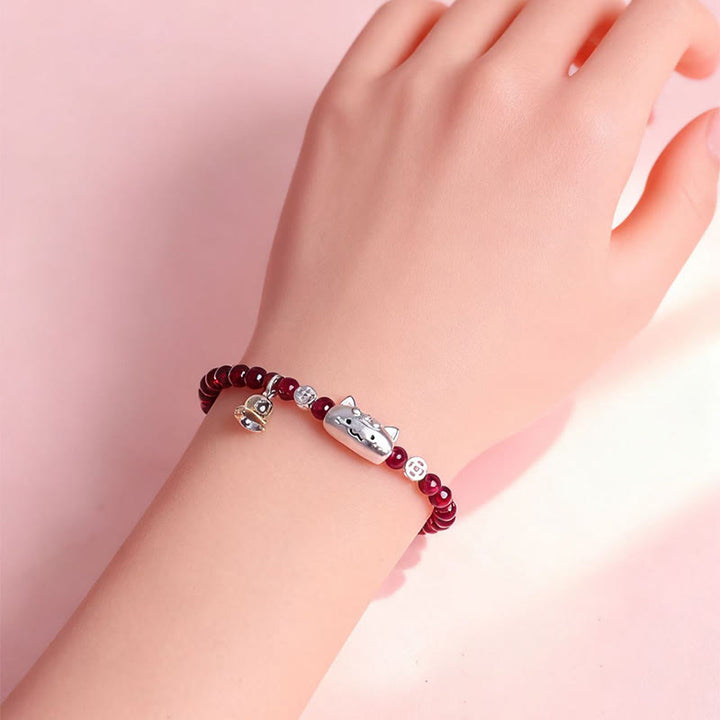 Buddha Stones 999 Sterling Silver Natural Cute Cat Head Garnet Protection Bead Bracelet - image 6