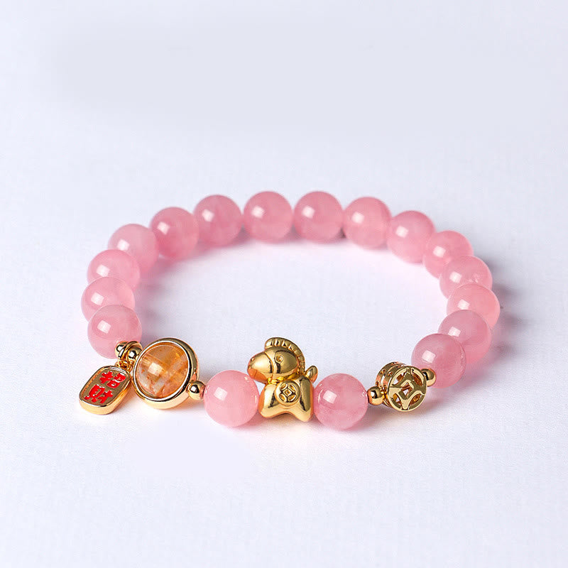 Buddha Stones Year Of The Horse Natural 8mm Black Obsidian Red Agate Pink Crystal Strength Bracelet - Pink Crystal(Wrist Circumference:13-15cm) - image 10