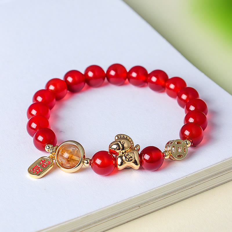 Buddha Stones Year Of The Horse Natural 8mm Black Obsidian Red Agate Pink Crystal Strength Bracelet - image 7
