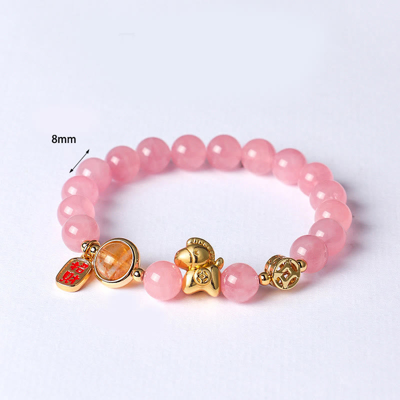 Buddha Stones Year Of The Horse Natural 8mm Black Obsidian Red Agate Pink Crystal Strength Bracelet - image 11