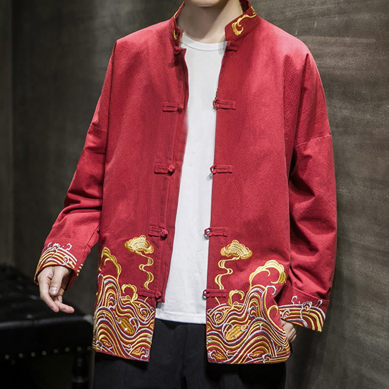 Buddha Stones Embroidered Clouds Frog-Button Long Sleeve Men's Cotton Tang Suit Jacket - image 7