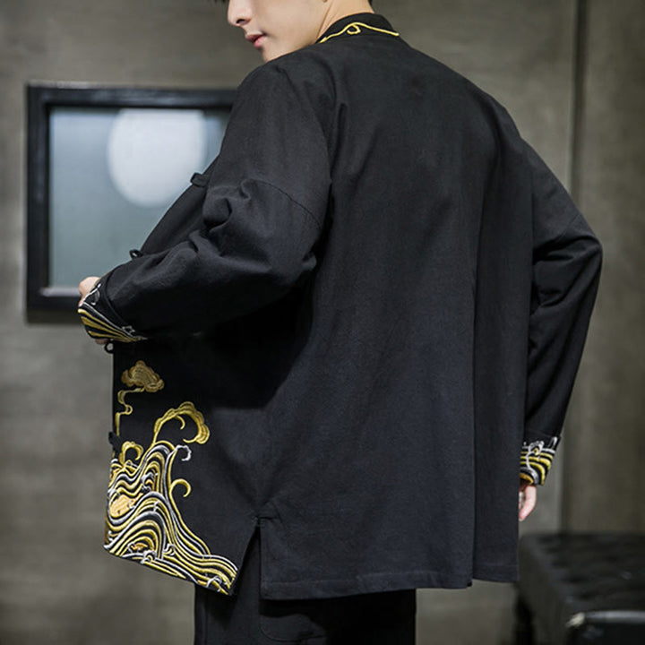 Buddha Stones Embroidered Clouds Frog-Button Long Sleeve Men's Cotton Tang Suit Jacket - image 13