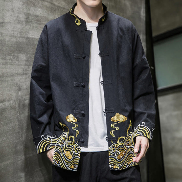 Buddha Stones Embroidered Clouds Frog-Button Long Sleeve Men's Cotton Tang Suit Jacket - image 15