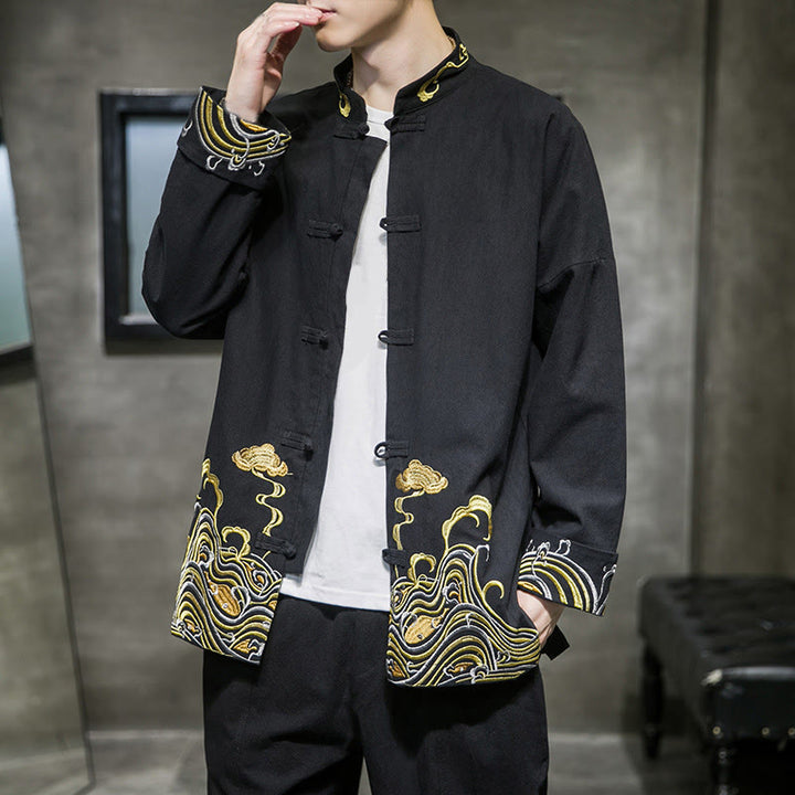 Buddha Stones Embroidered Clouds Frog-Button Long Sleeve Men's Cotton Tang Suit Jacket - image 10