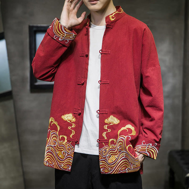 Buddha Stones Embroidered Clouds Frog-Button Long Sleeve Men's Cotton Tang Suit Jacket - image 5