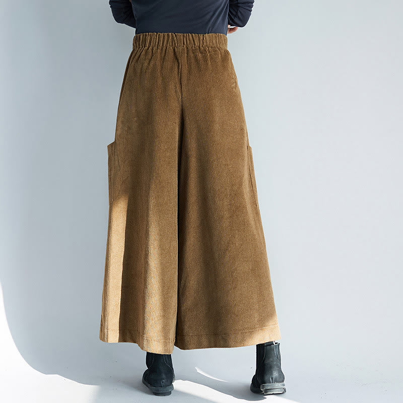 Buddha Stones Women's Plain Side Zipper Design Wide Leg Corduroy 7-8 Length Pants With Pockets - image 1