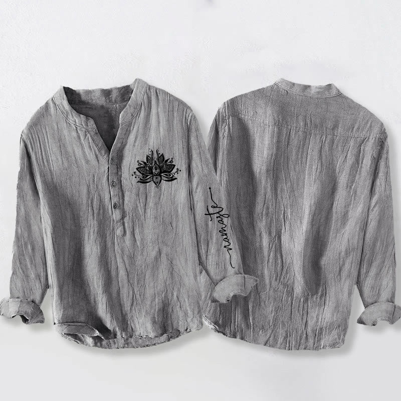 Buddha Stones Lotus Pattern Half Buttons Men's Cotton Linen Long Sleeve Shirt - image 5