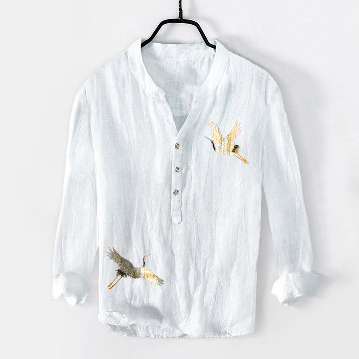 Buddha Stones Crane Red Sun Pine Tree Pattern Half Buttons Men's Cotton Linen Long Sleeve Shirt - image 7