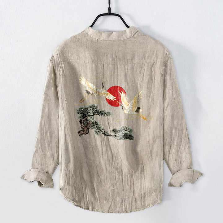 Buddha Stones Crane Red Sun Pine Tree Pattern Half Buttons Men's Cotton Linen Long Sleeve Shirt - image 5