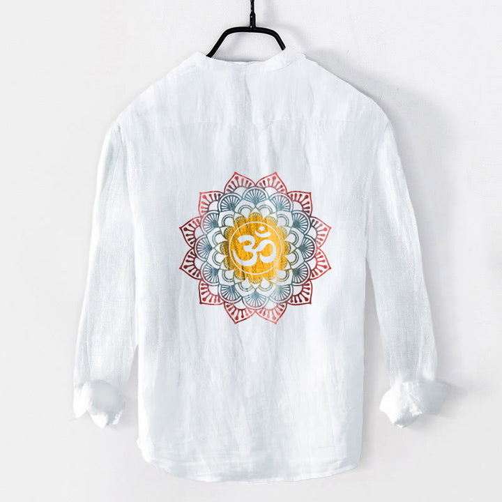 Buddha Stones Half Buttons Mandala Om Symbol Pattern Men's Cotton Linen Long Sleeve Shirt - image 2