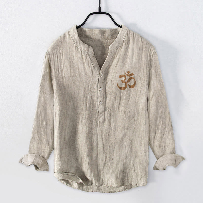 Buddha Stones Half Buttons Lotus Swastika Om Symbol Pattern Men's Cotton Linen Long Sleeve Shirt - image 1