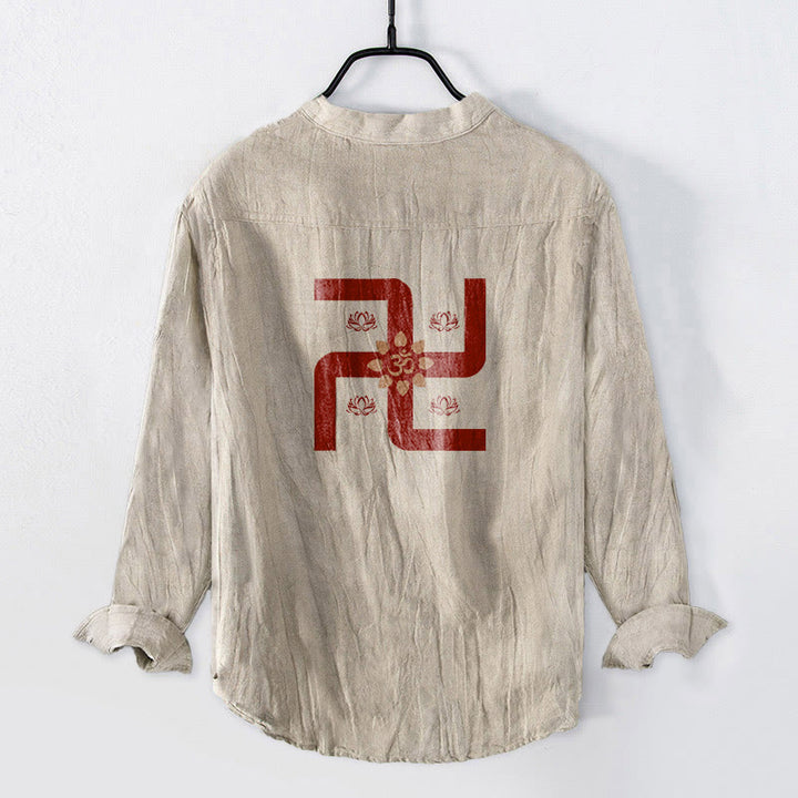 Buddha Stones Half Buttons Lotus Swastika Om Symbol Pattern Men's Cotton Linen Long Sleeve Shirt - image 2