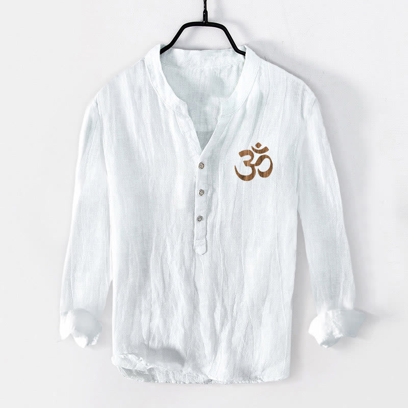 Buddha Stones Half Buttons Lotus Swastika Om Symbol Pattern Men's Cotton Linen Long Sleeve Shirt - image 7