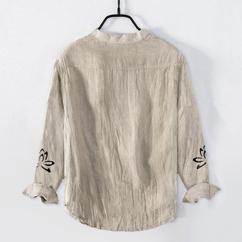 Buddha Stones Half Buttons Lotus Om Symbol Printed Pattern Men's Cotton Linen Long Sleeve Shirt - image 4
