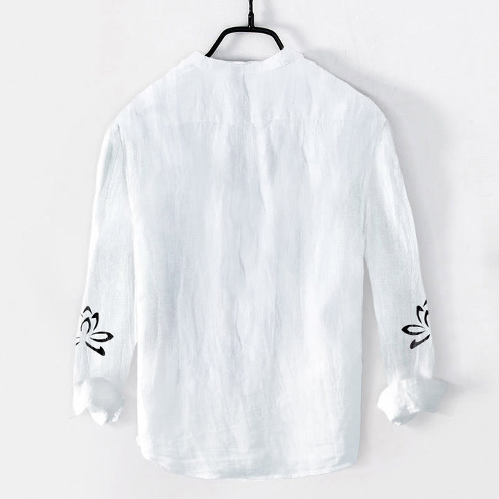 Buddha Stones Half Buttons Lotus Om Symbol Printed Pattern Men's Cotton Linen Long Sleeve Shirt - image 7