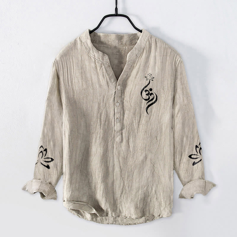 Buddha Stones Half Buttons Lotus Om Symbol Printed Pattern Men's Cotton Linen Long Sleeve Shirt - Linen - US/UK/AU50，EU60 (5XL) - image 3