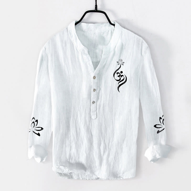 Buddha Stones Half Buttons Lotus Om Symbol Printed Pattern Men's Cotton Linen Long Sleeve Shirt - White - US/UK/AU50，EU60 (5XL) - image 6