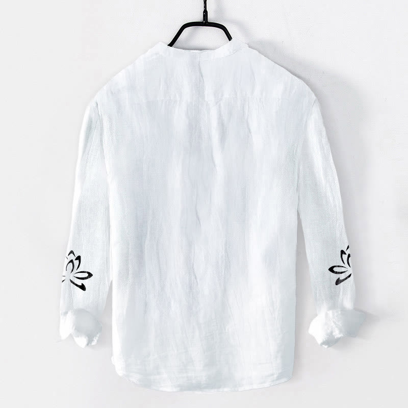 Buddha Stones Half Buttons Lotus Om Symbol Printed Pattern Men's Cotton Linen Long Sleeve Shirt - image 7