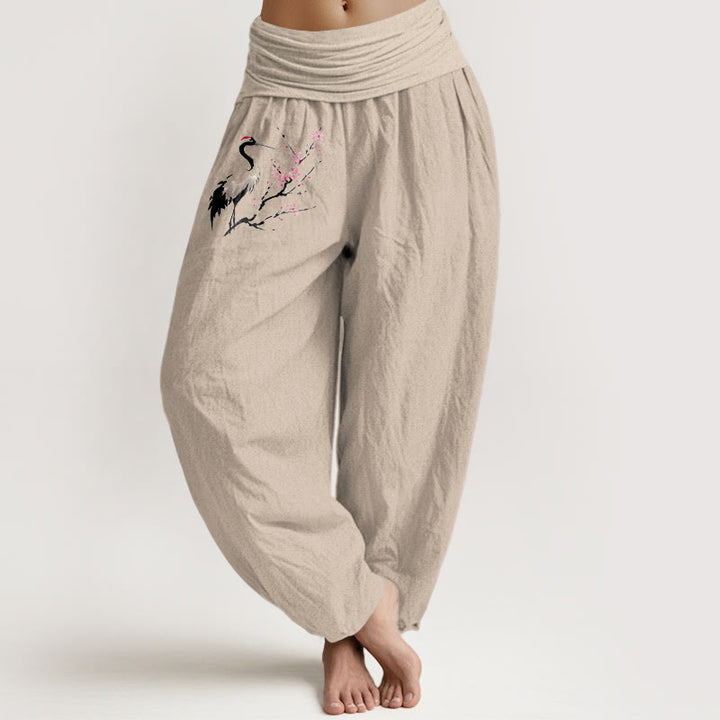Buddha Stones Crane Blooming Branches Pattern Women's Elastic Waist Harem Pure Cotton Pants - Tan - US22，UK/AU26，EU54 (6XL) - image 11