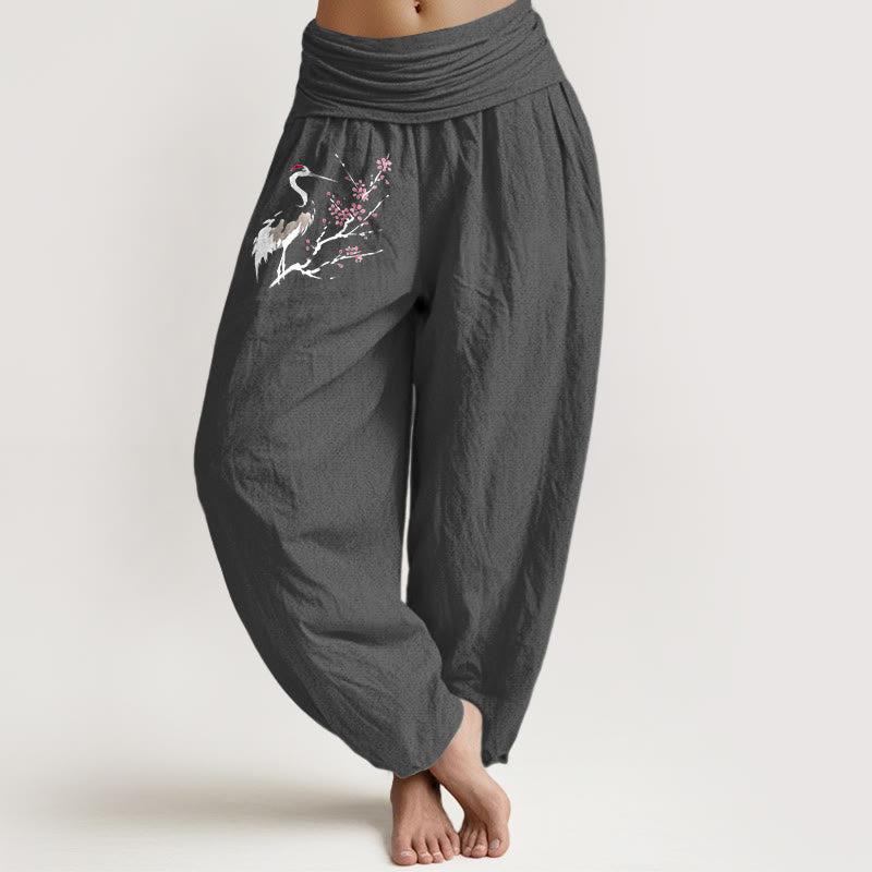 Buddha Stones Crane Blooming Branches Pattern Women's Elastic Waist Harem Pure Cotton Pants - DimGray - US22，UK/AU26，EU54 (6XL) - image 8