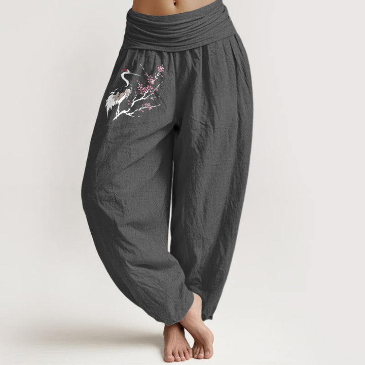Buddha Stones Crane Blooming Branches Pattern Women's Elastic Waist Harem Pure Cotton Pants - DimGray - US22，UK/AU26，EU54 (6XL) - image 8