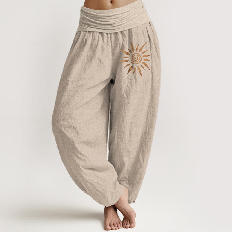 Buddha Stones Spiral Center Sun Pattern Women's Elastic Waist Harem Pure Cotton Pants - Tan - US22，UK/AU26，EU54 (6XL) - image 11