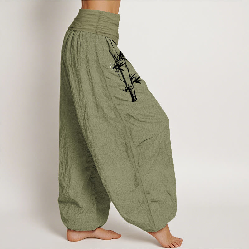 Buddha Stones Bamboo Leaves Red Sun Pattern Women's Elastic Waist Harem Pure Cotton Pants - image 1