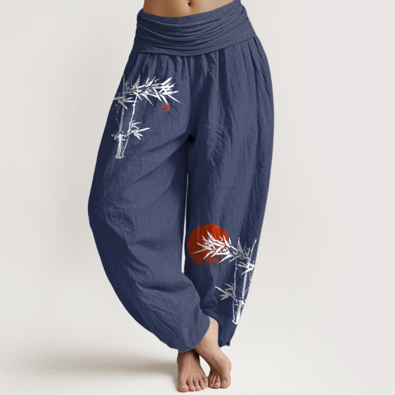 Buddha Stones Bamboo Leaves Red Sun Pattern Women's Elastic Waist Harem Pure Cotton Pants - DarkSlateBlue - US22，UK/AU26，EU54 (6XL) - image 8