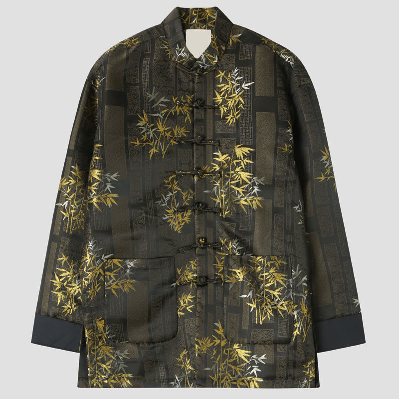 Buddha Stones Golden Bamboo Jacquard Frog-Button Long Sleeve Men's Jacket With Pockets - Tan - US/UK/AU44，EU54 (4XL) - image 0