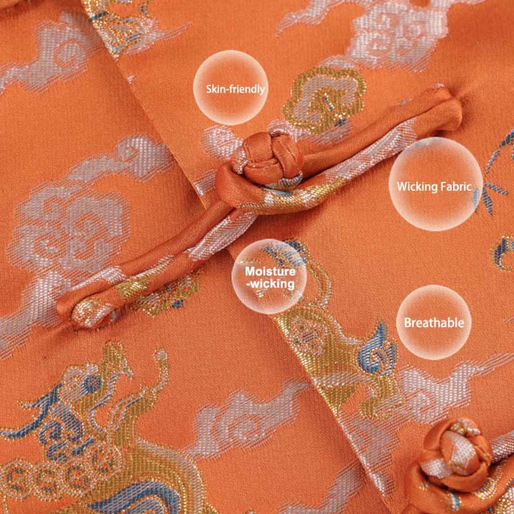 Buddha Stones Orange Kirin Auspicious Clouds Frog-Button Long Sleeve Men's Jacket With Pockets - image 5