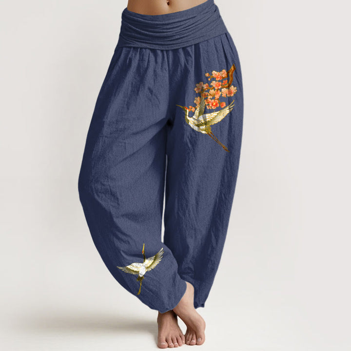 Buddha Stones Plain Crane Peach Blossom Pattern Women's Elastic Waist Harem Pure Cotton Pants - DarkSlateBlue - US22，UK/AU26，EU54 (6XL) - image 5