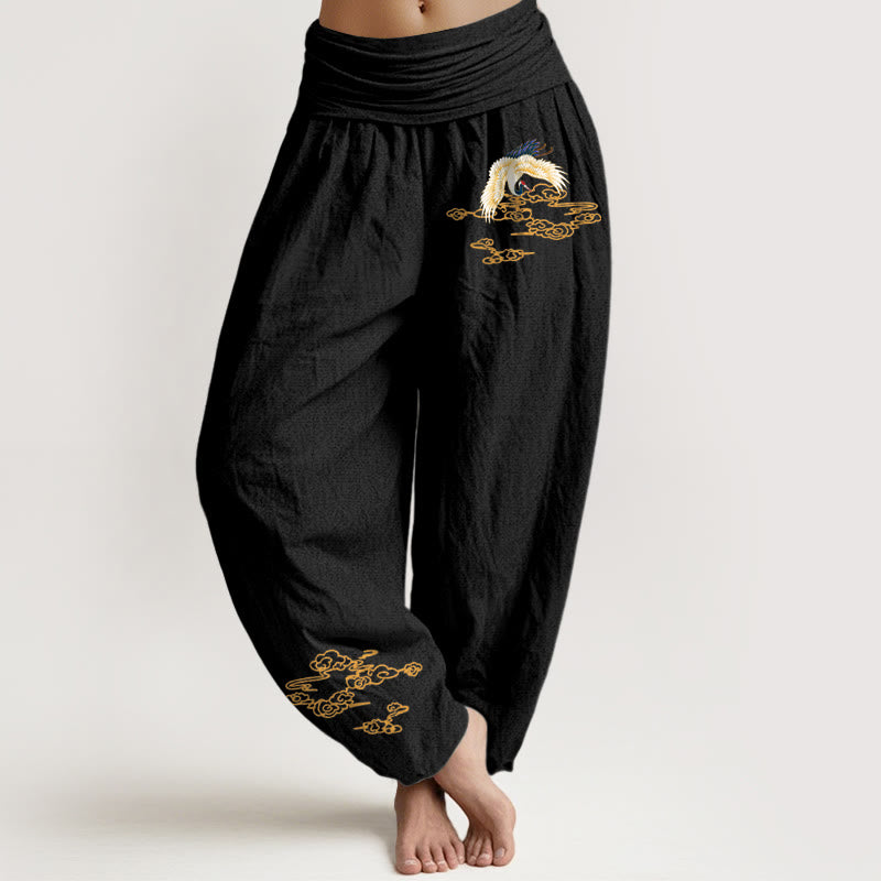 Buddha Stones Plain Crane Auspicious Clouds Pattern Women's Elastic Waist Harem Cotton Pants - Black - US22，UK/AU26，EU54 (6XL) - image 5