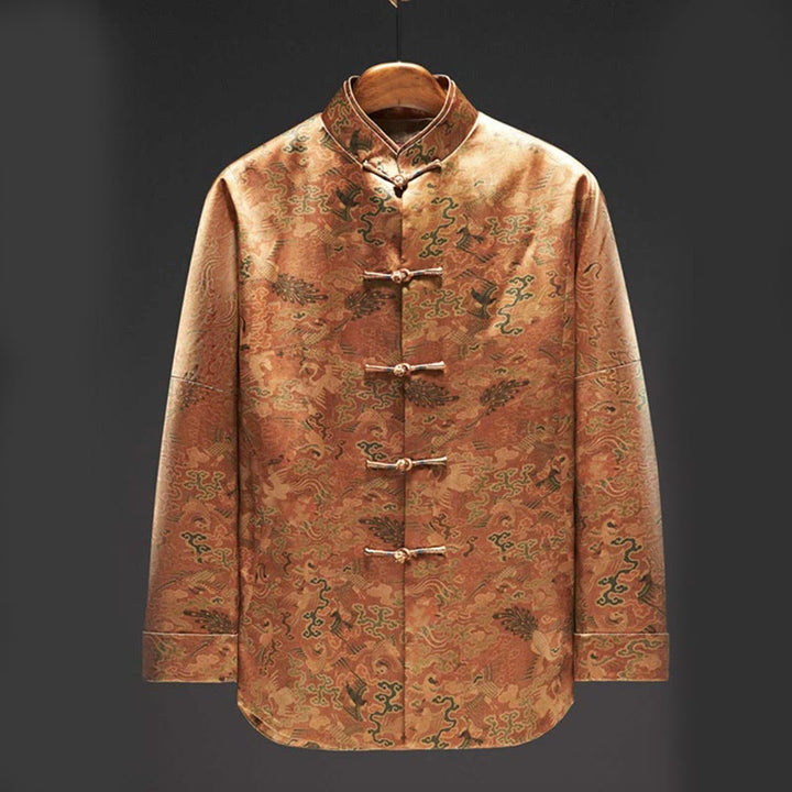 Buddha Stones 100% Mulberry Silk 30 Momme Phoenix Auspicious Clouds Long Sleeve Men's Jacket - Goldenrod - US/UK/AU44，EU54 (4XL) - image 0