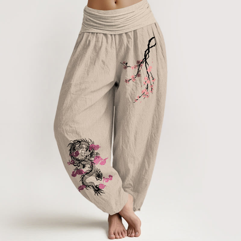 Buddha Stones Dragon Auspicious Clouds Flower Pattern Women's Elastic Waist Harem Cotton Pants - Tan - US22，UK/AU26，EU54 (6XL) - image 11