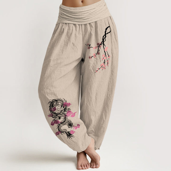 Buddha Stones Dragon Auspicious Clouds Flower Pattern Women's Elastic Waist Harem Cotton Pants - Tan - US22，UK/AU26，EU54 (6XL) - image 11
