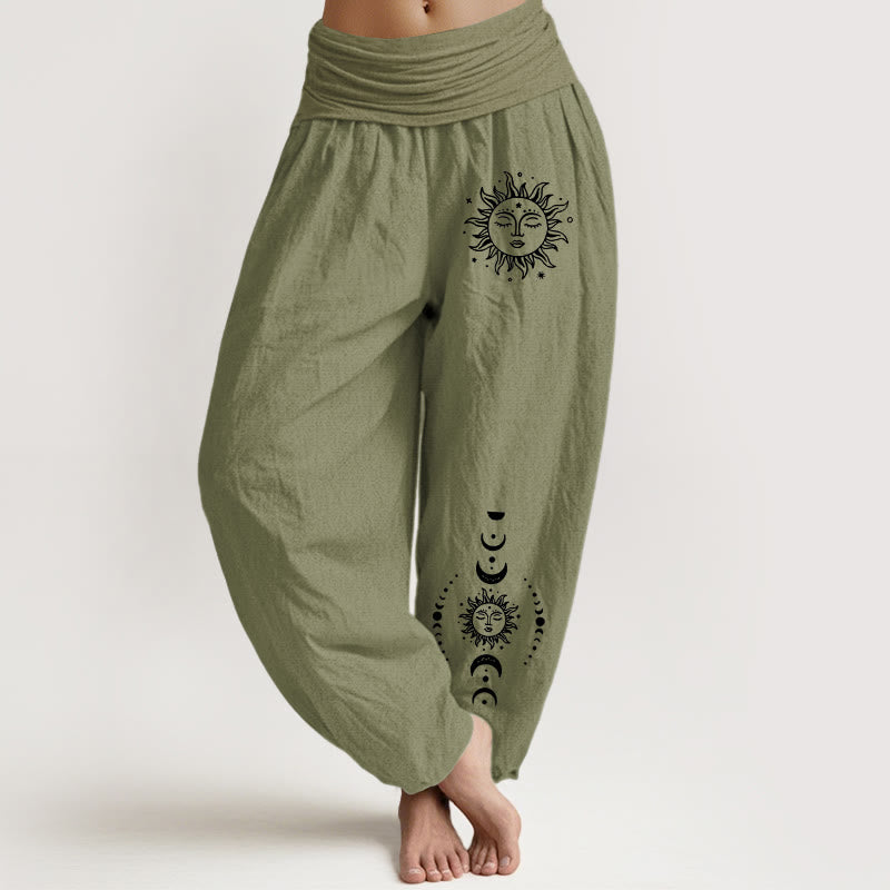 Buddha Stones Sun Moon Stars Pattern Women's Elastic Waist Harem Pure Cotton Pants - OliveDrab - US22，UK/AU26，EU54 (6XL) - image 14