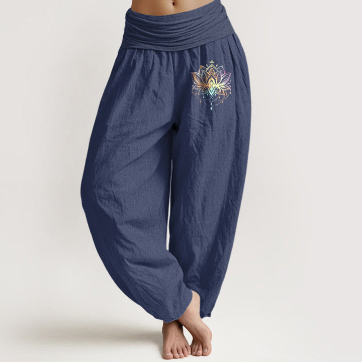 Buddha Stones Pure Cotton Rainbow-colored Lotus Pattern Women's Elastic Waist Harem Pants - DarkSlateBlue - US22，UK/AU26，EU54 (6XL) - image 0