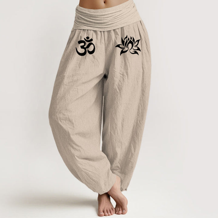 Buddha Stones Solid Color Pure Cotton Lotus Om Symbol Pattern Women's Elastic Waist Harem Pants - Tan - US22，UK/AU26，EU54 (6XL) - image 11