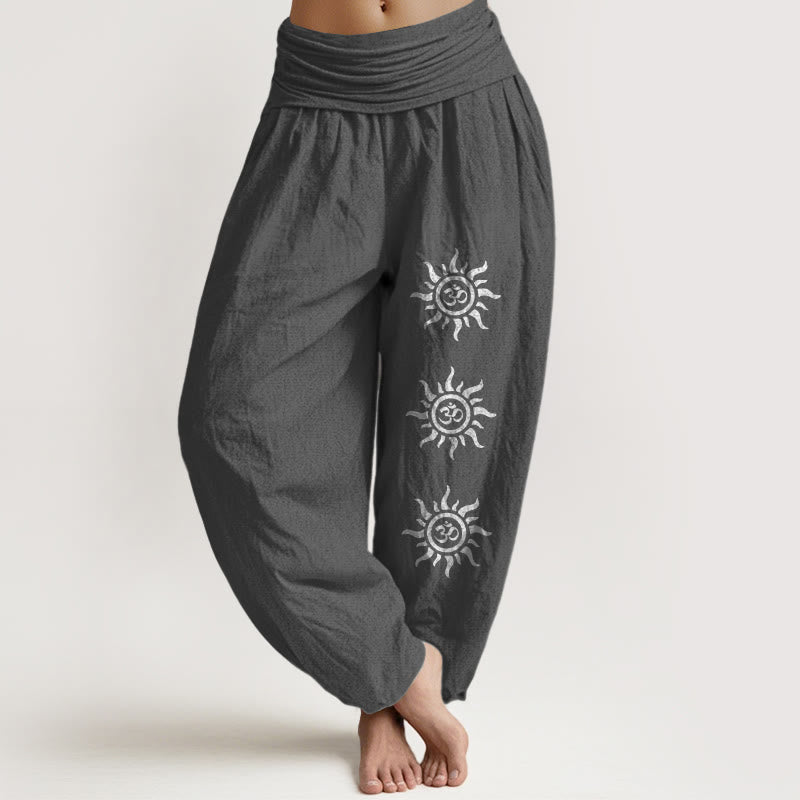 Buddha Stones Solid Color Pure Cotton Sun Om Symbol Pattern Women's Elastic Waist Harem Pants - DimGray - US22，UK/AU26，EU54 (6XL) - image 11
