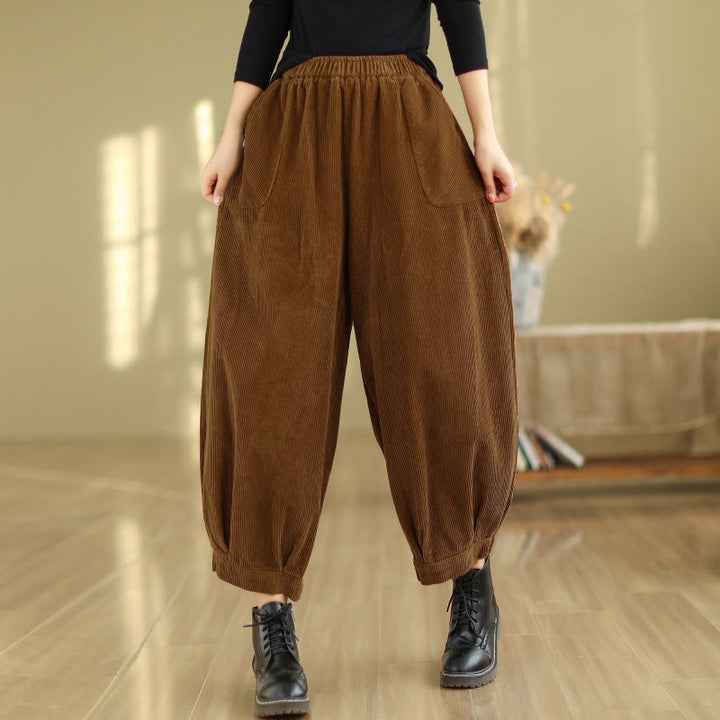 Buddha Stones Plain Elastic Waistband Design Women's Corduroy Harem Pants With Pockets - image 3